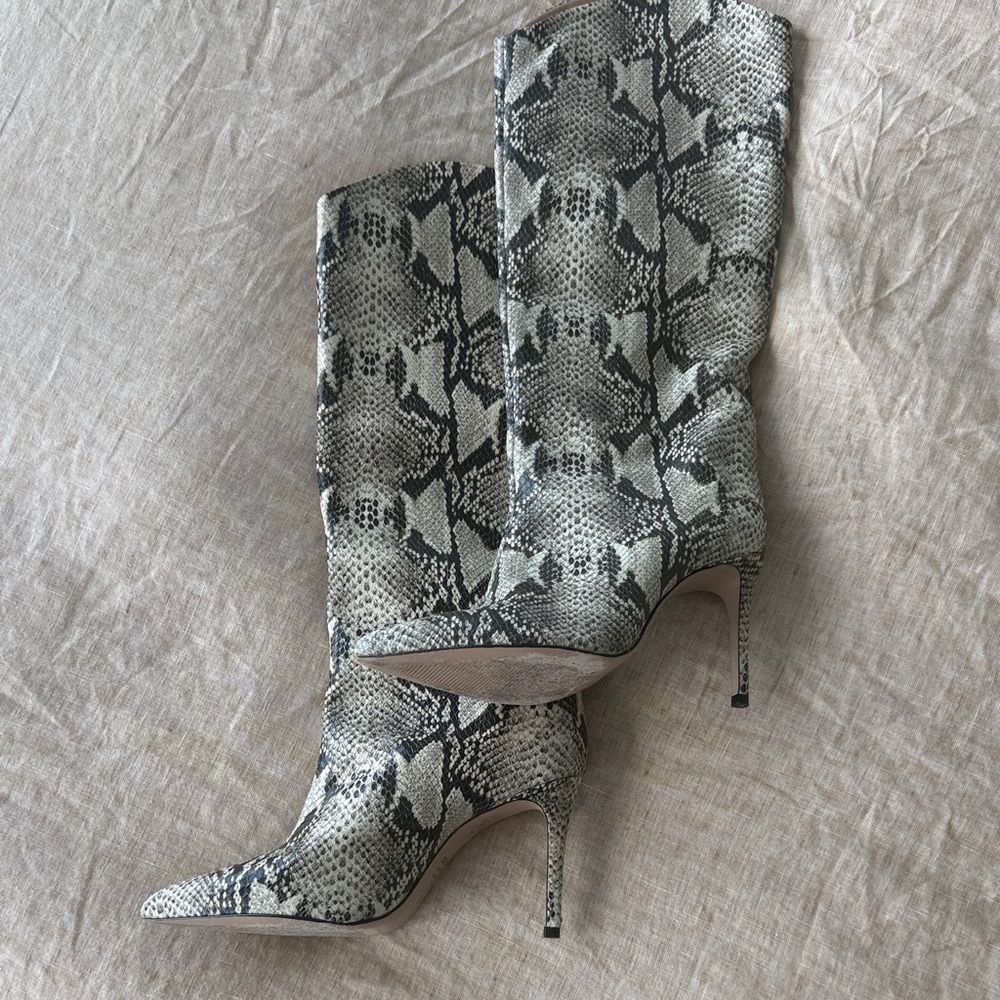 Schutz Knee-High Snake Print Boots in Black & Gray